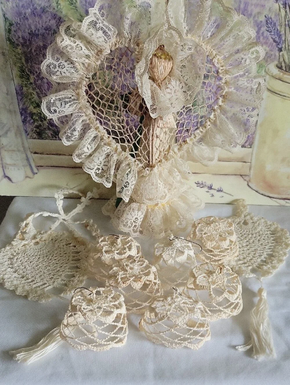 Handmade Corn Husk Angel Figurine & Crochet Lace Ornaments Doilies Lot